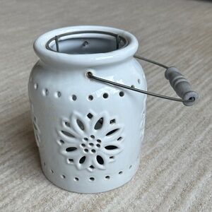 Ceramic White Lantern Flower Cutout Barrel Handle Candle Holder Insert